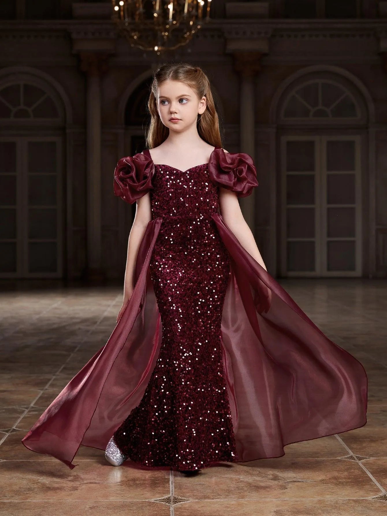 Tween Girls' Sweetheart Collar Mesh Overlay Sequin Mermaid Dress Burgundy 8Y