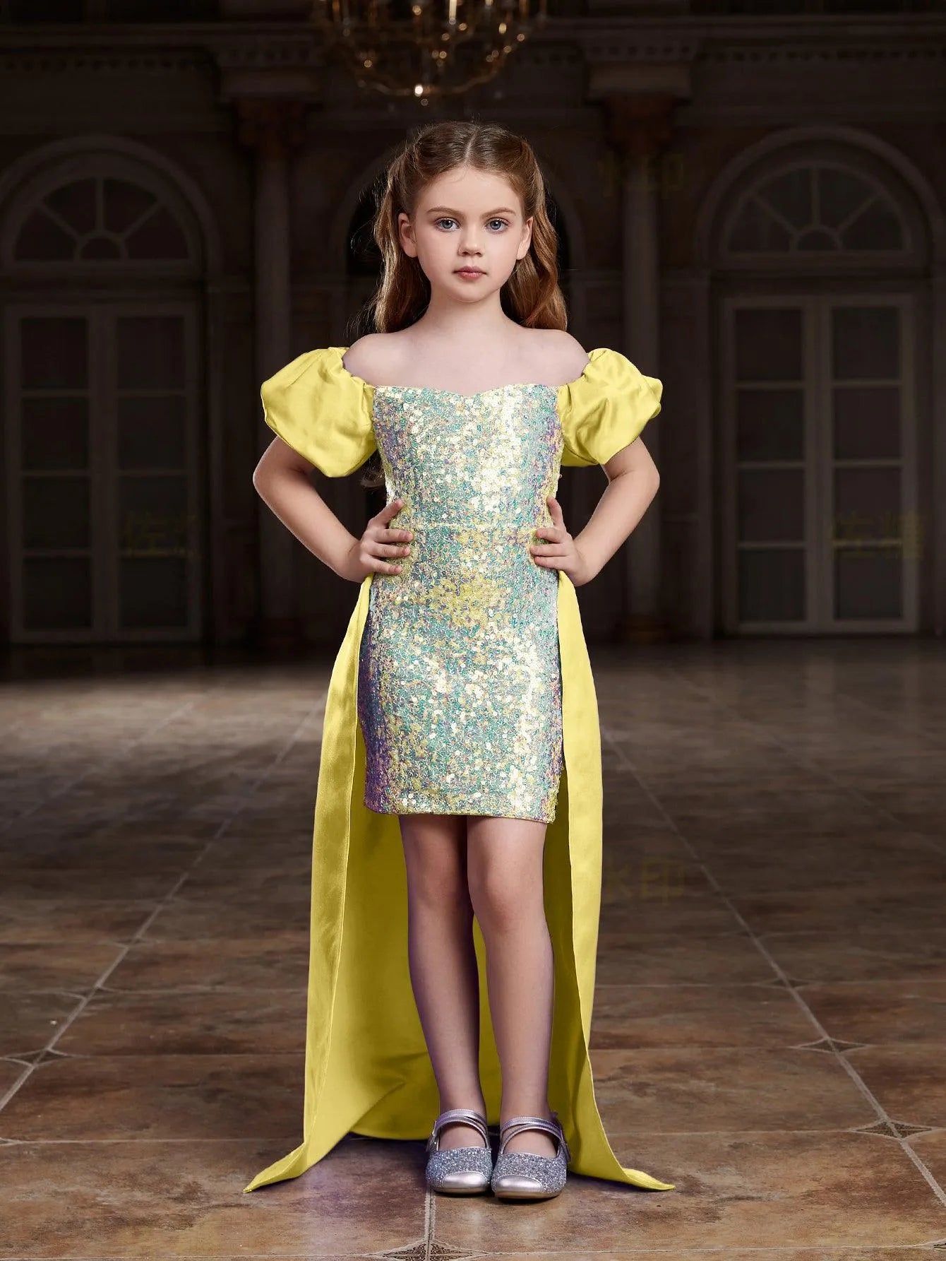 Tween Girls' Off Shoulder Puff Sleeves Satin Overlay Sequin Party Dress - Elonnashop