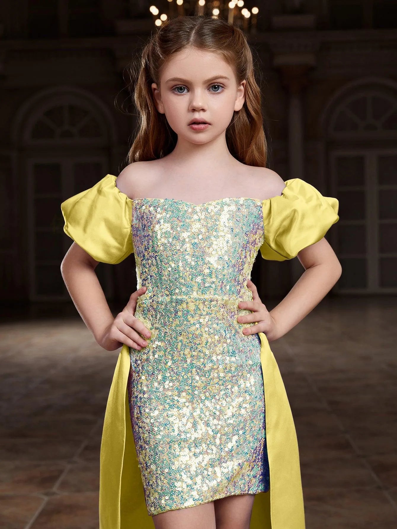 Tween Girls' Off Shoulder Puff Sleeves Satin Overlay Sequin Party Dress - Elonnashop