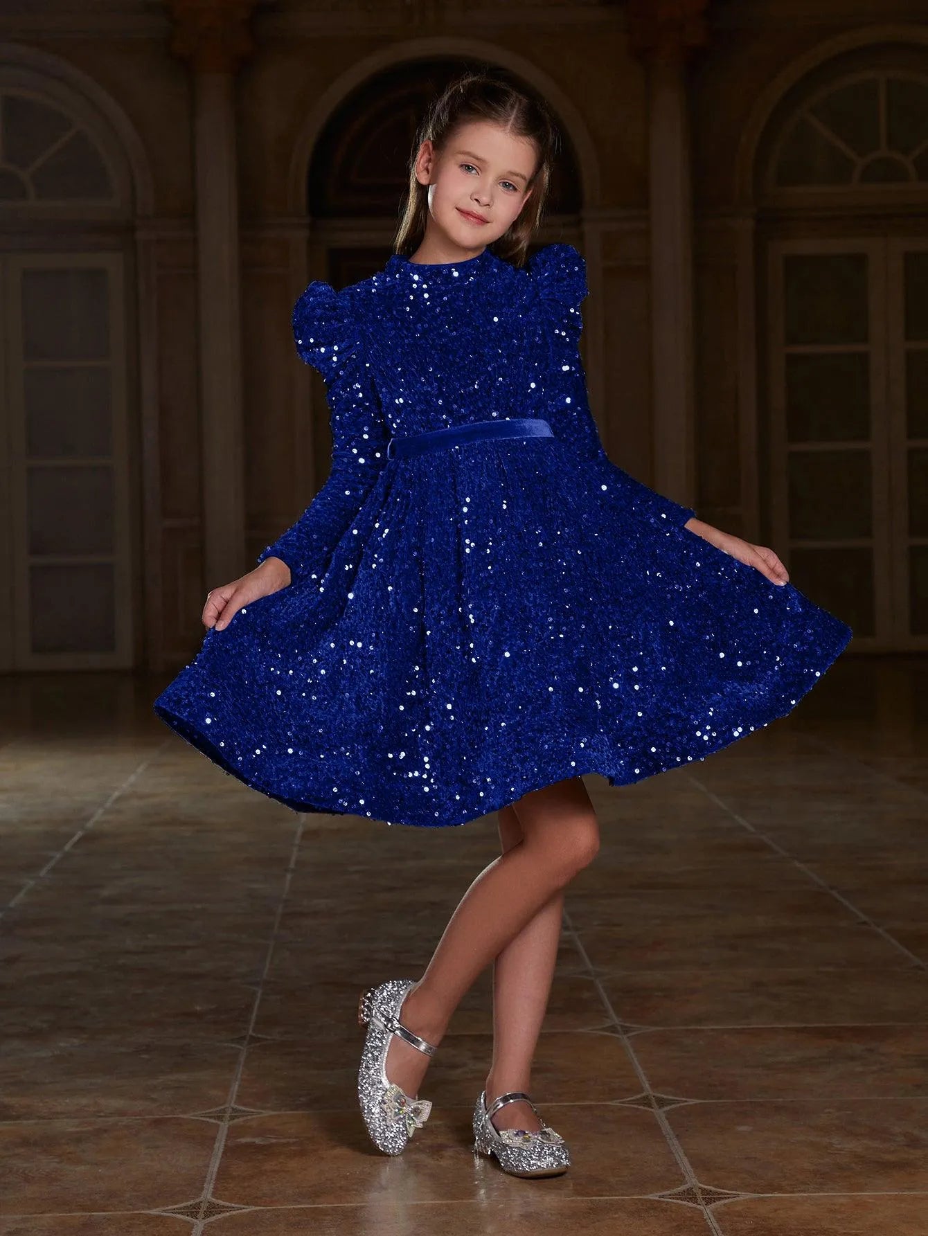 Tween Girls' Mock Neck Gigot Sleeve Sequin A Line Dress - Elonnashop