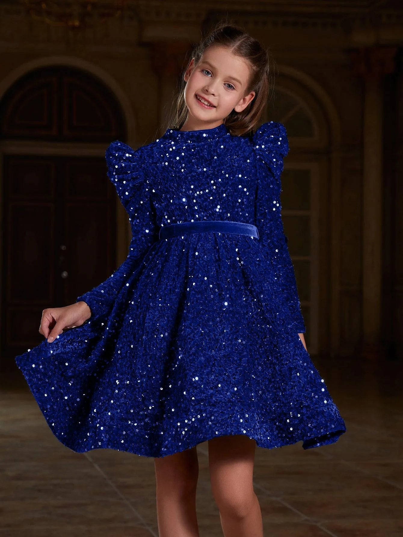 Tween Girls' Mock Neck Gigot Sleeve Sequin A Line Dress - Elonnashop