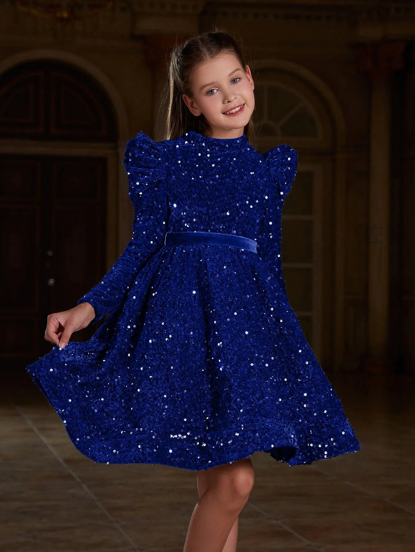 Tween Girls' Mock Neck Gigot Sleeve Sequin A Line Dress - Elonnashop