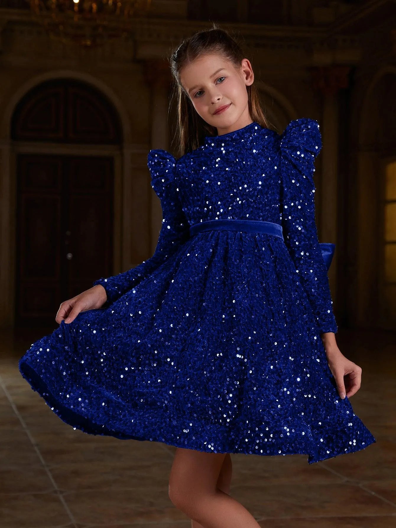 Tween Girls' Mock Neck Gigot Sleeve Sequin A Line Dress - Elonnashop