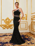 Elegant Pearl Embellished Strapless Mermaid Hem Sequin Evening Dress