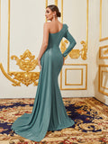 Elegant One Shoulder Draped Side Mermaid Hem Evening Dress