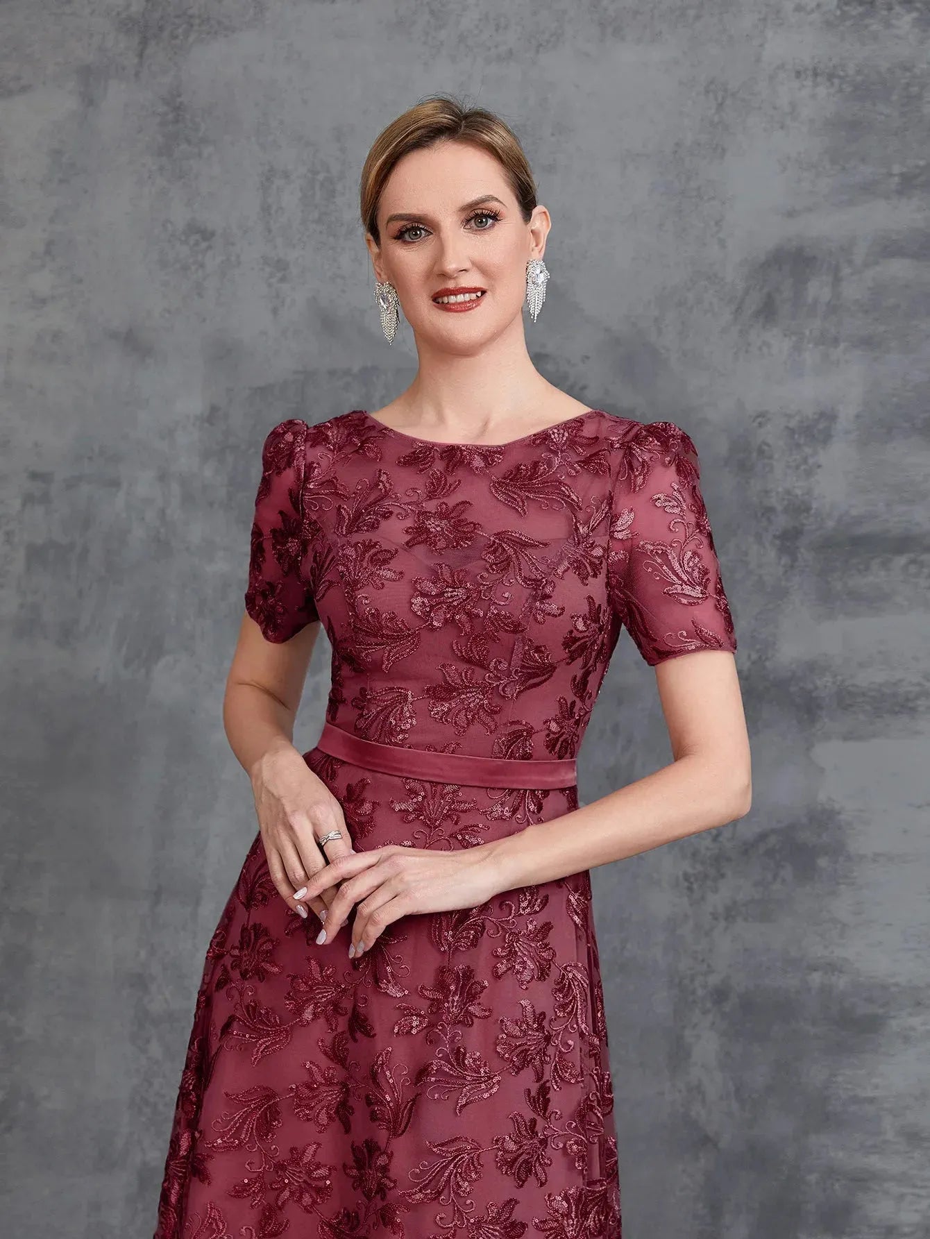 Womens Graphic Sequin Short Sleeves A Line Formal Dress Mauve / M Womens Graphic Sequin Short Sleeves A Line Formal Dress Mauve / M