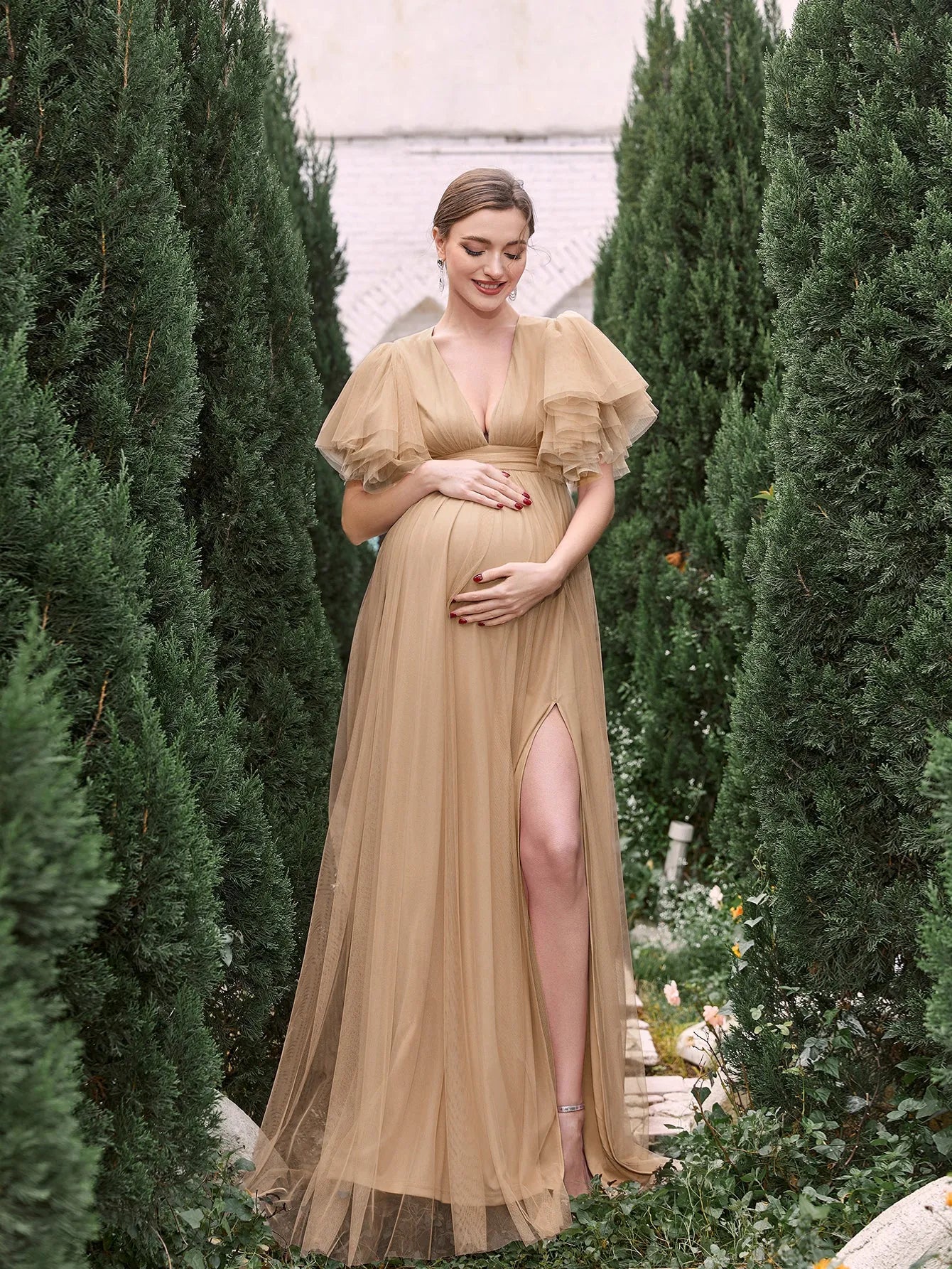 Maternity V Neck Layered Ruffle Sleeves Split Prom Dress