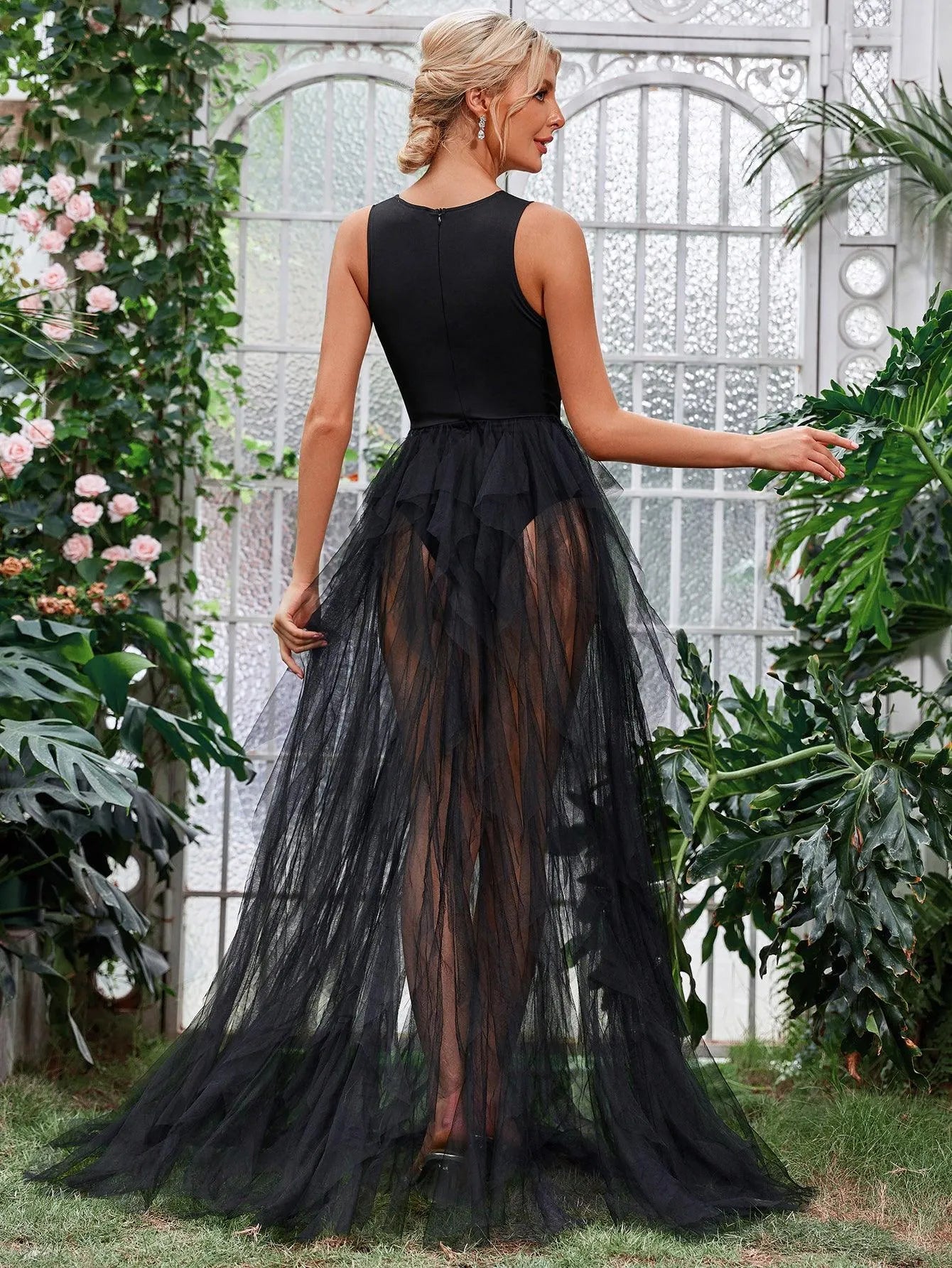 Cut Out Waist Layered Tulle A Line Dress - Elonnashop