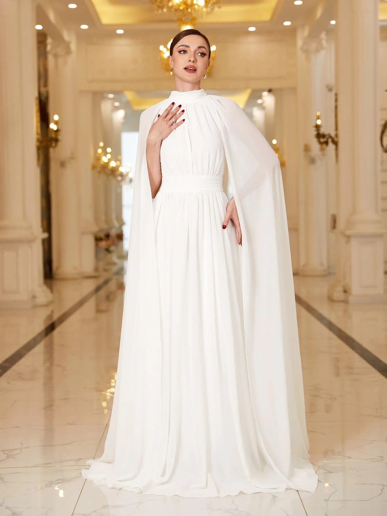 Elegant Mock Neck Cloak Sleeve Chiffon Formal Dress - Elonnashop