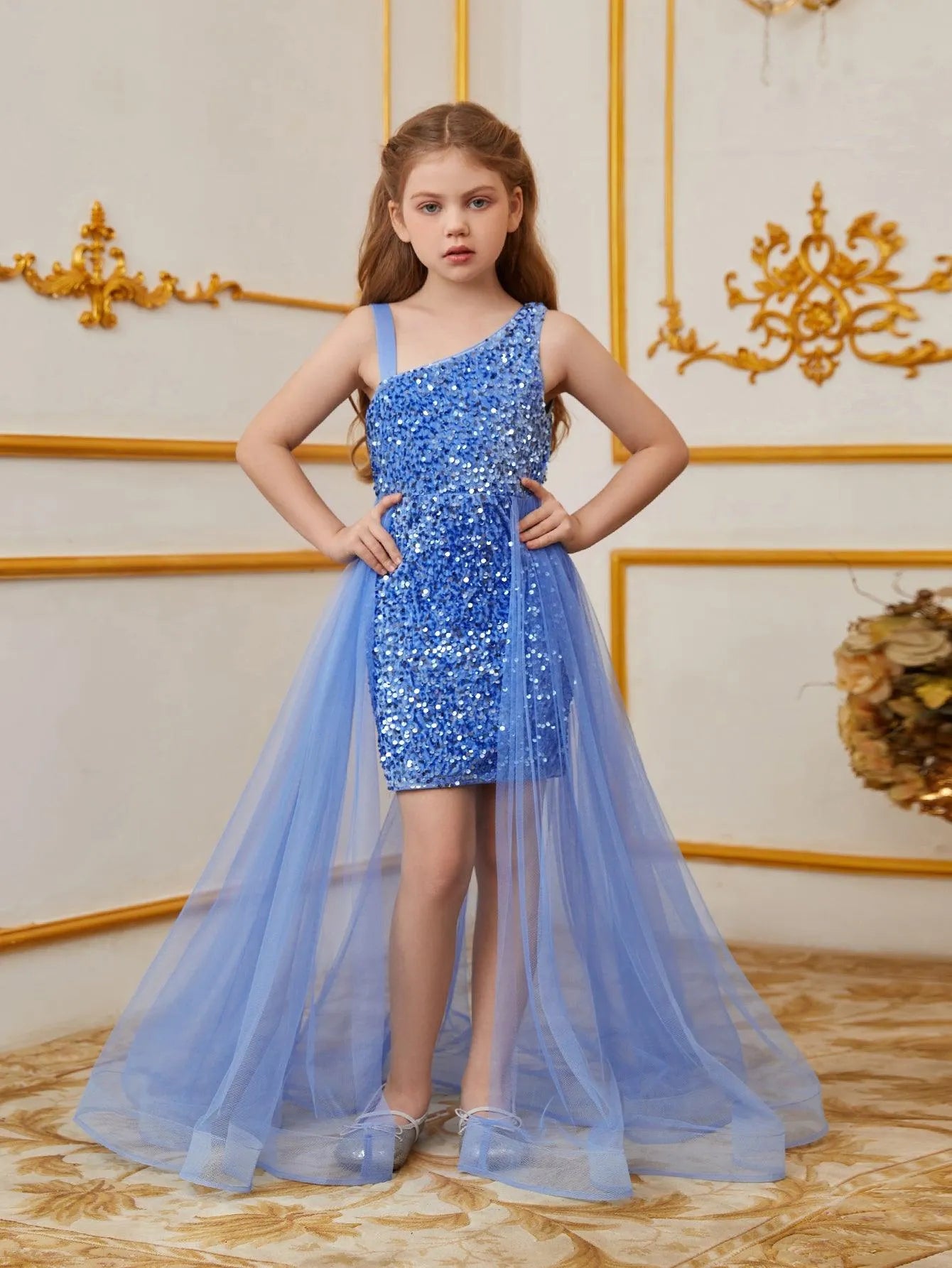 Tween Girls' Asymmetrical Neckline Mesh Overlay Sequin Dress - Elonnashop