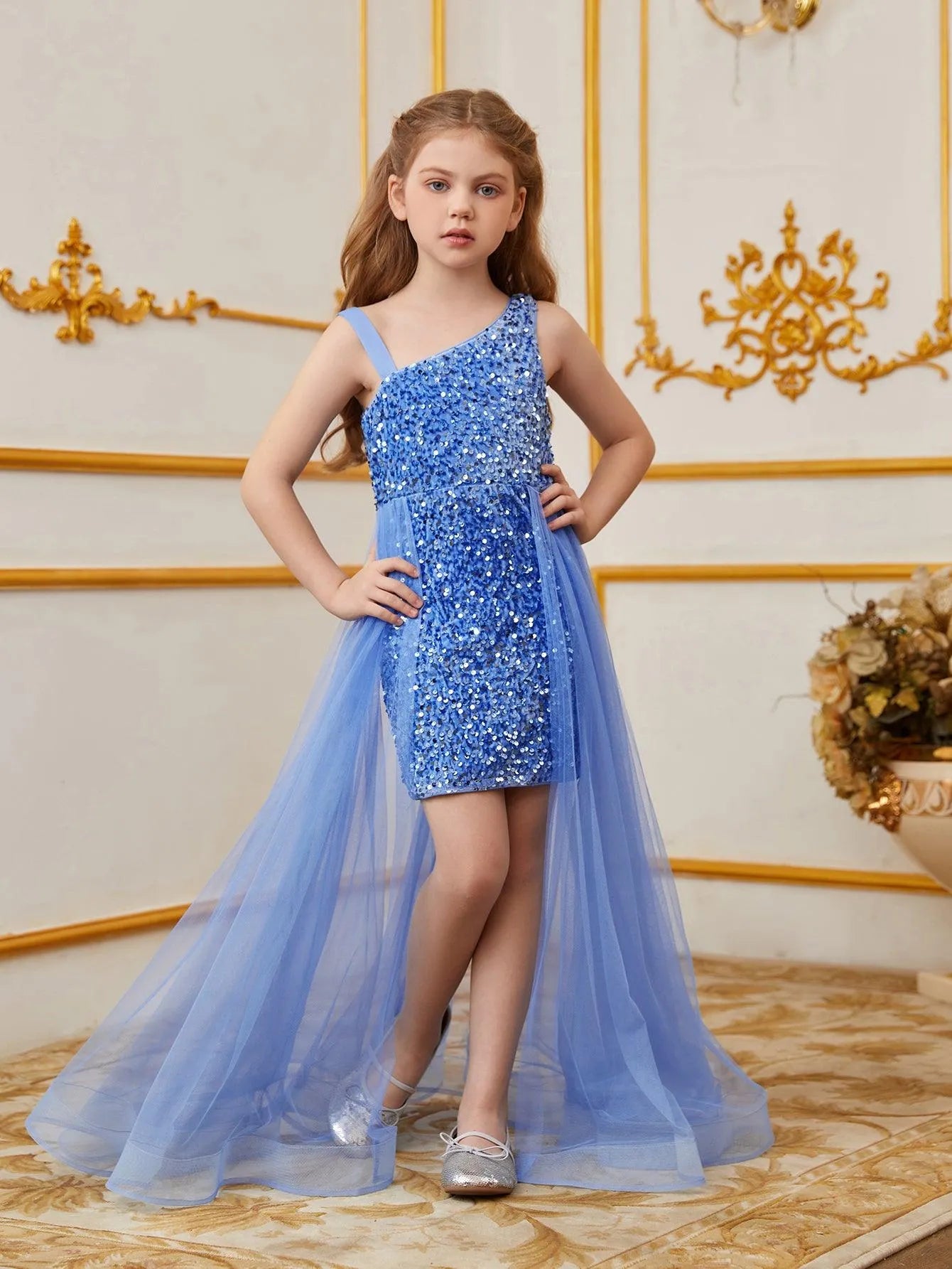 Tween Girls' Asymmetrical Neckline Mesh Overlay Sequin Dress - Elonnashop