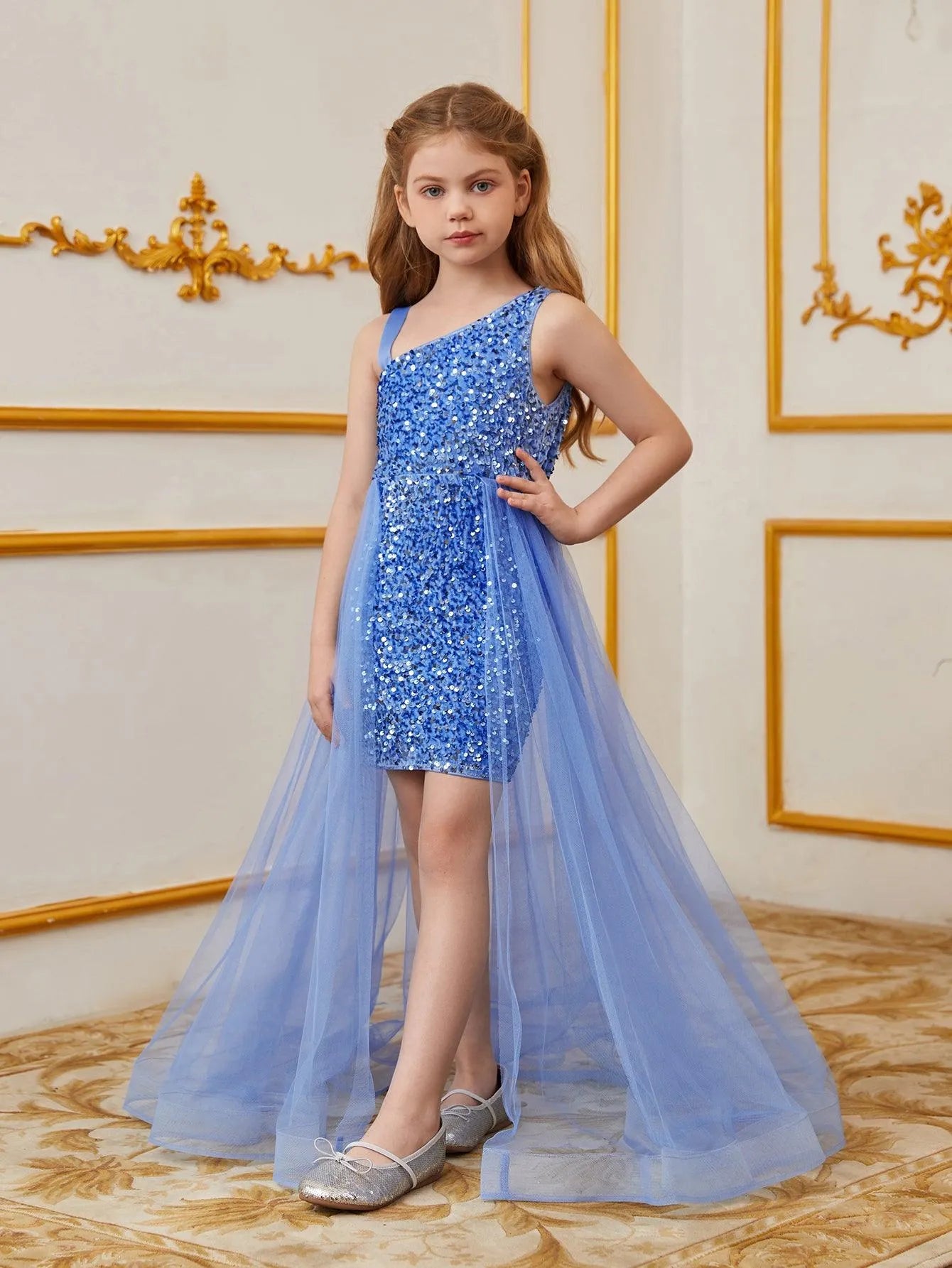 Tween Girls' Asymmetrical Neckline Mesh Overlay Sequin Dress - Elonnashop