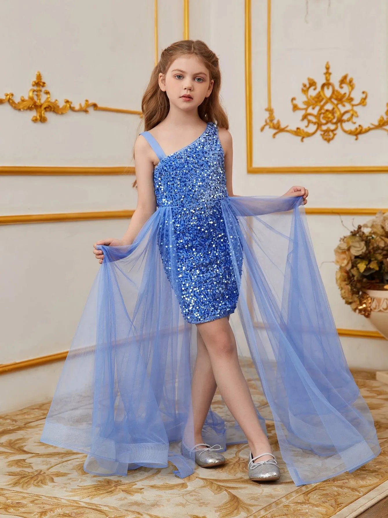 Tween Girls' Asymmetrical Neckline Mesh Overlay Sequin Dress - Elonnashop