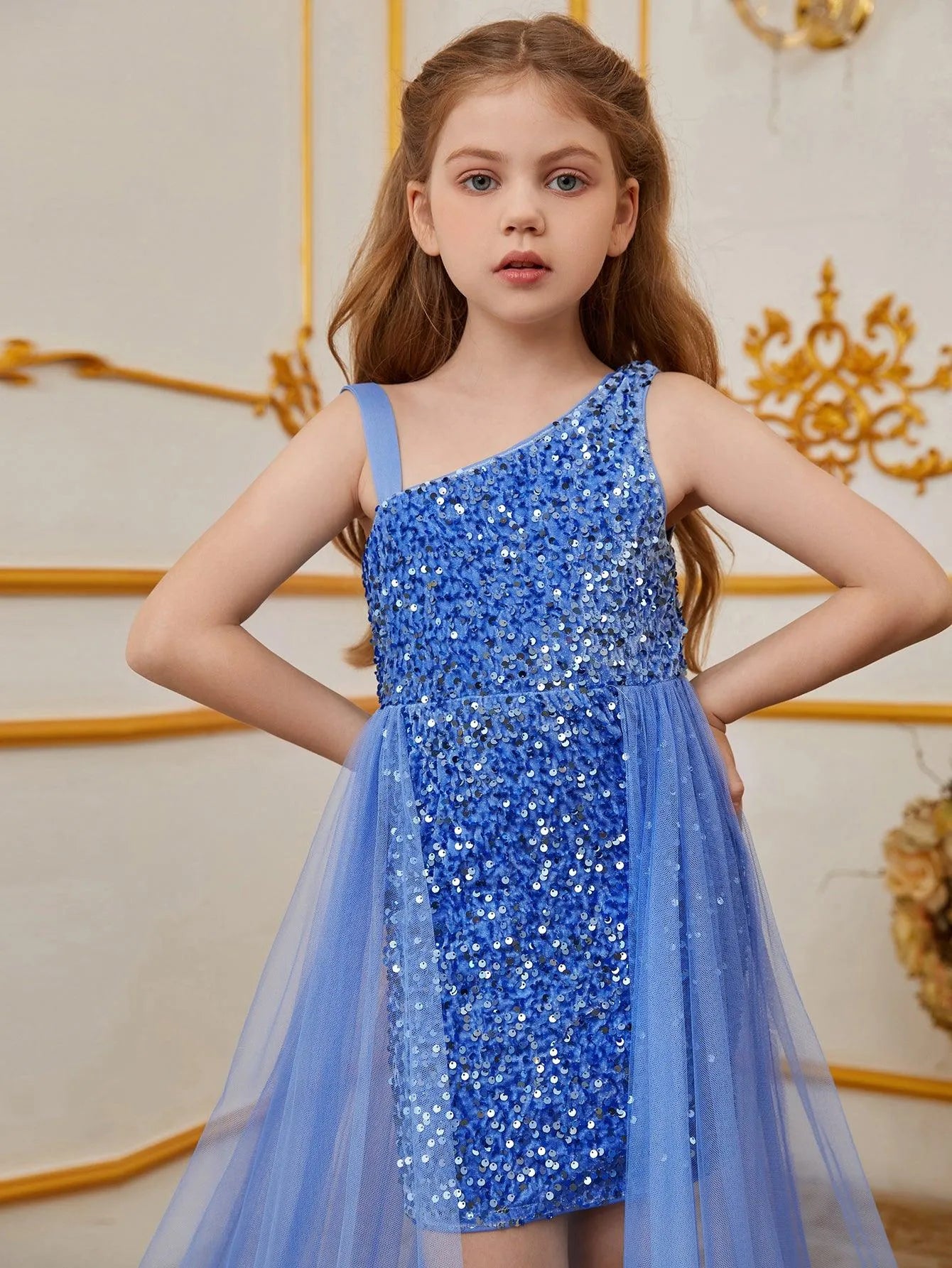 Tween Girls' Asymmetrical Neckline Mesh Overlay Sequin Dress - Elonnashop