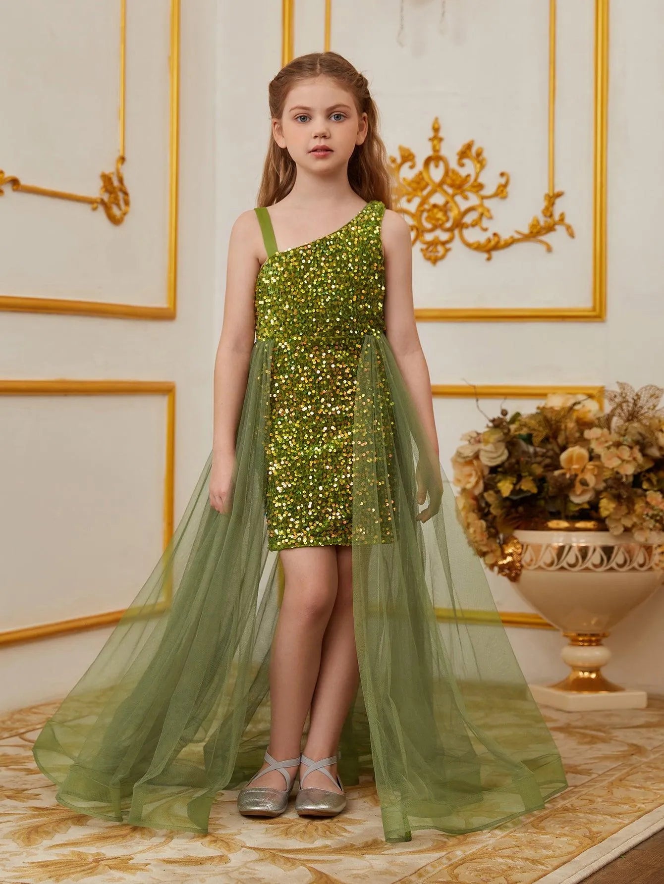 Tween Girls' Asymmetrical Neckline Mesh Overlay Sequin Dress Tween Girls' Asymmetrical Neckline Mesh Overlay Sequin Dress