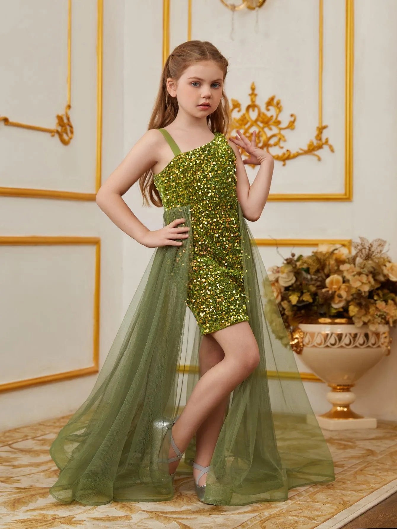 Tween Girls' Asymmetrical Neckline Mesh Overlay Sequin Dress - Elonnashop