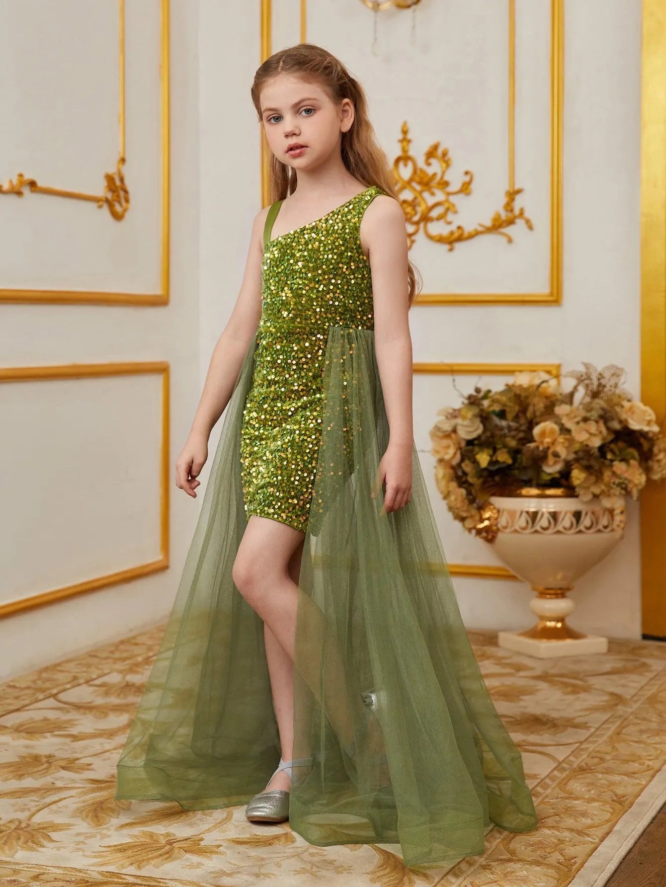 Tween Girls' Asymmetrical Neckline Mesh Overlay Sequin Dress - Elonnashop