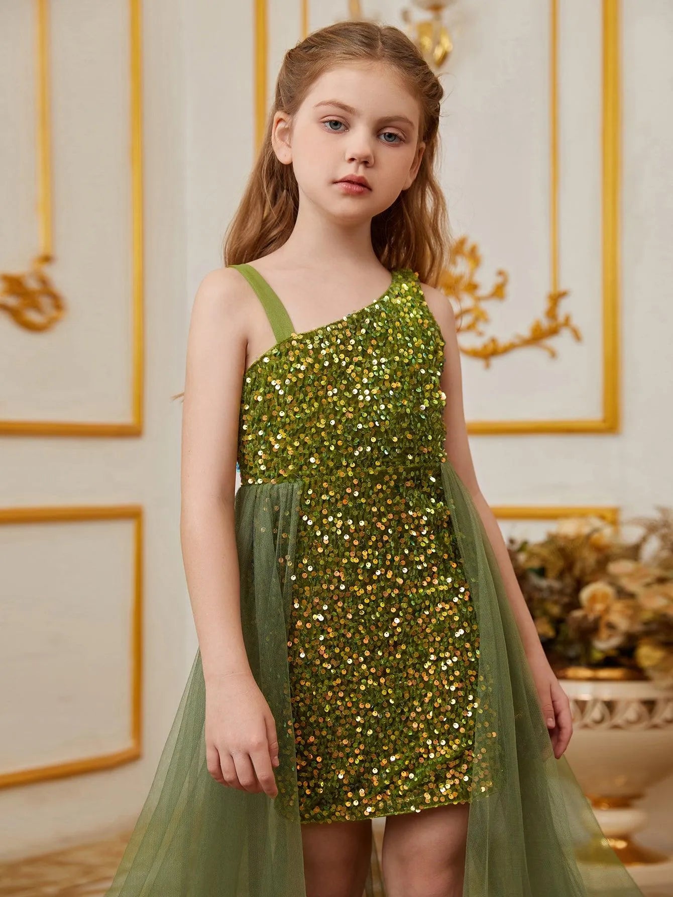 Tween Girls' Asymmetrical Neckline Mesh Overlay Sequin Dress - Elonnashop