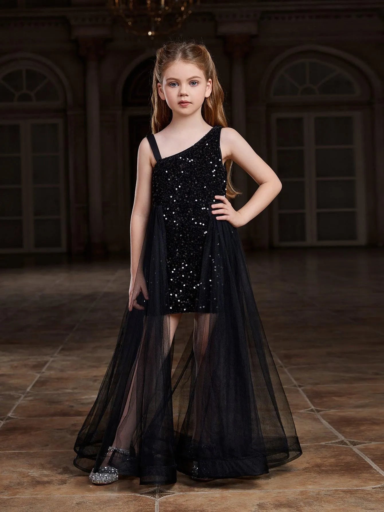 Tween Girls' Asymmetrical Neckline Mesh Overlay Sequin Dress - Elonnashop