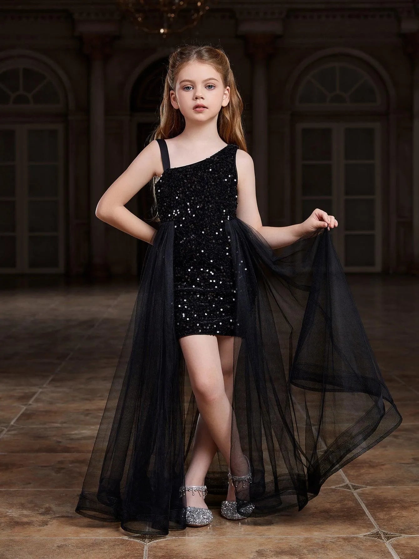 Tween Girls' Asymmetrical Neckline Mesh Overlay Sequin Dress - Elonnashop