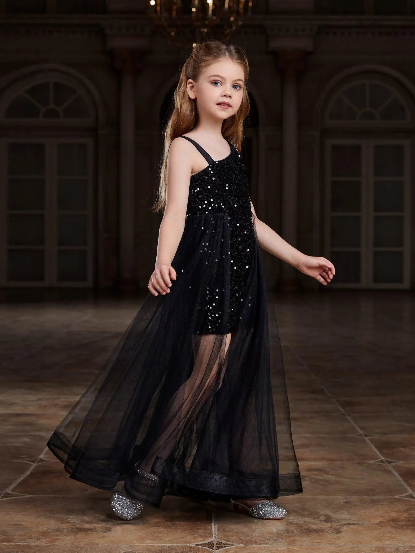 Tween Girls' Asymmetrical Neckline Mesh Overlay Sequin Dress - Elonnashop