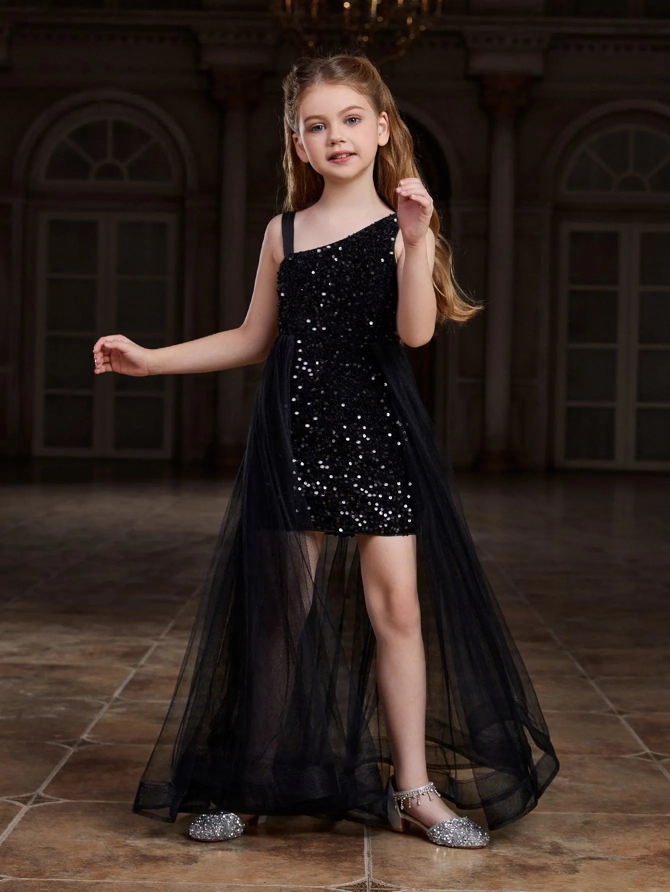 Tween Girls' Asymmetrical Neckline Mesh Overlay Sequin Dress - Elonnashop