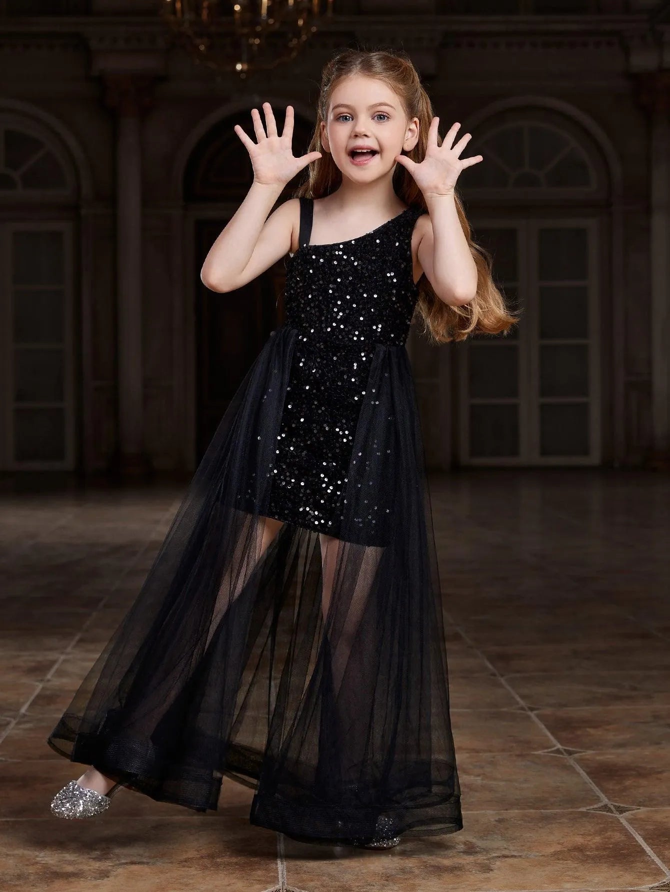 Tween Girls' Asymmetrical Neckline Mesh Overlay Sequin Dress - Elonnashop