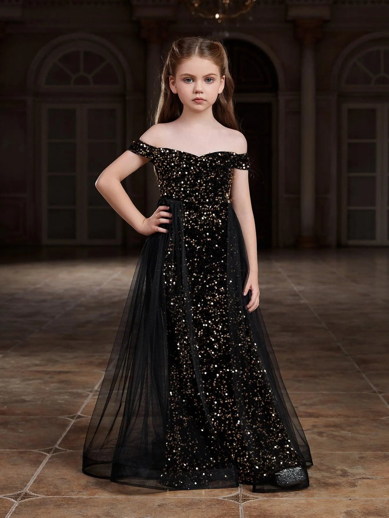 Tween Prom Tween Girls' Off Shoulder Mesh Overlay Sequined Prom Dress – Elonnashop