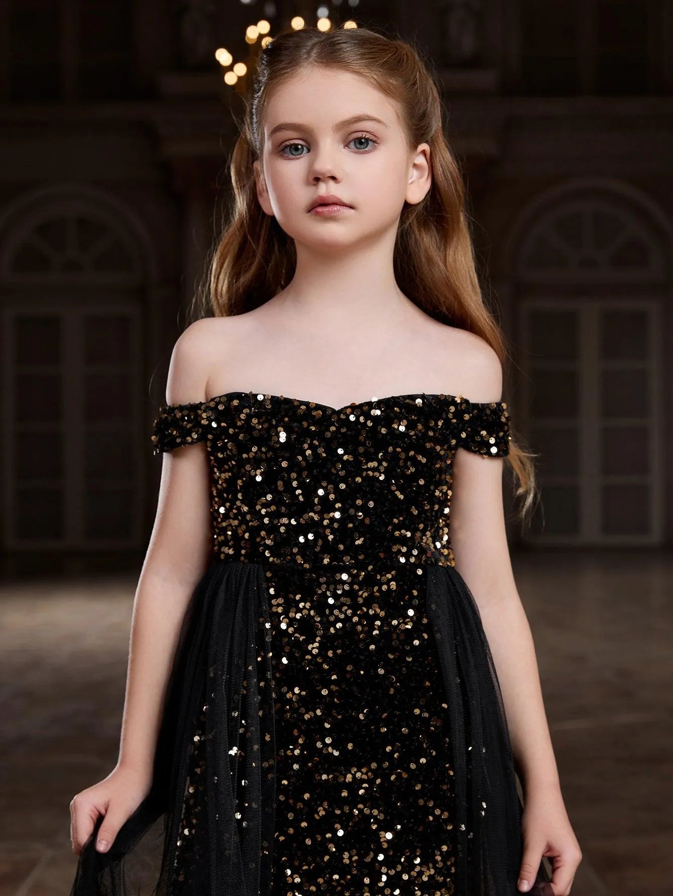 Tween Girls' Off Shoulder Mesh Overlay Sequined Prom Dress - Elonnashop