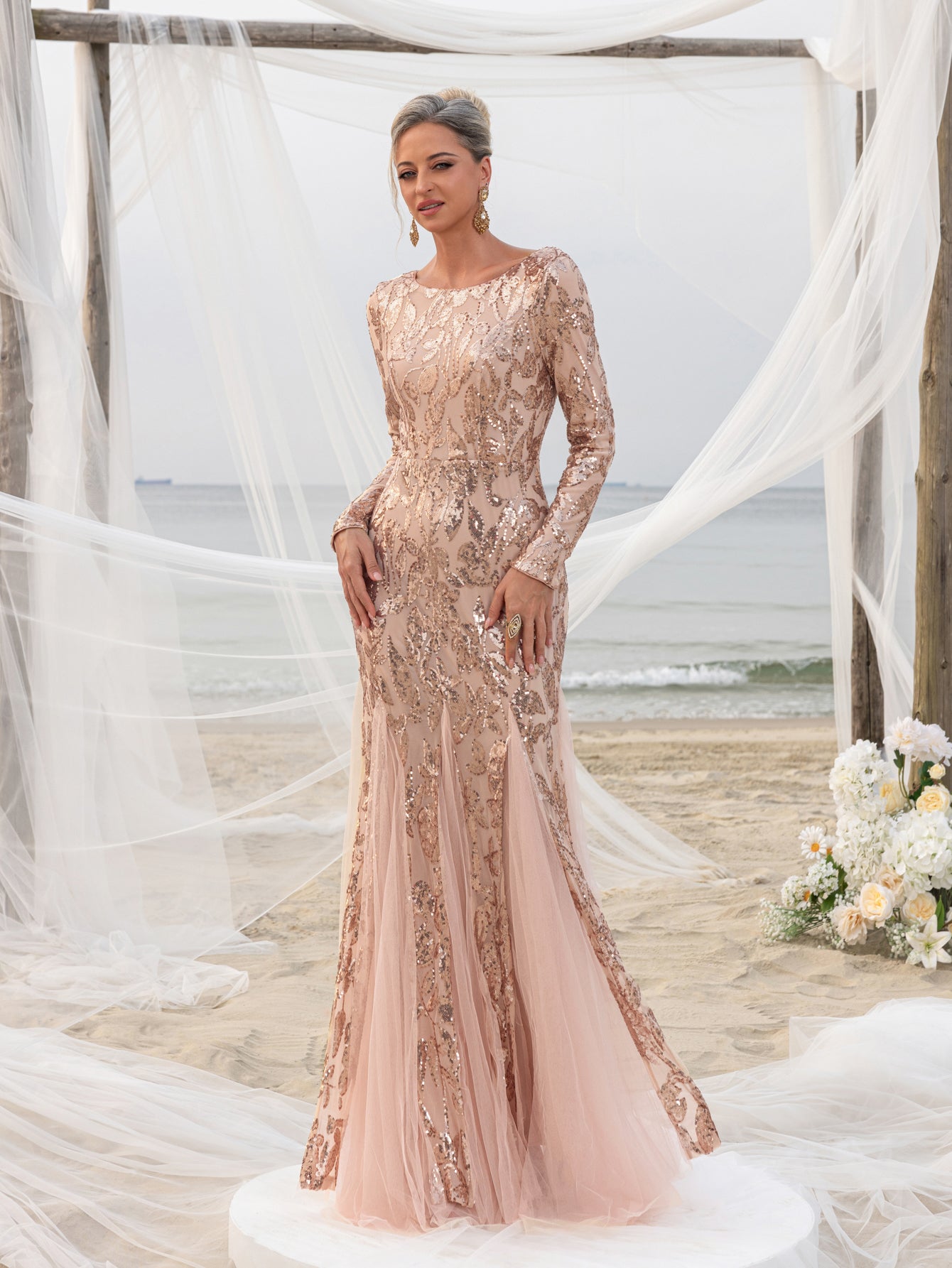 Damen-Formelles Kleid mit Netzeinsatz, Meerjungfrauensaum und Pailletten 