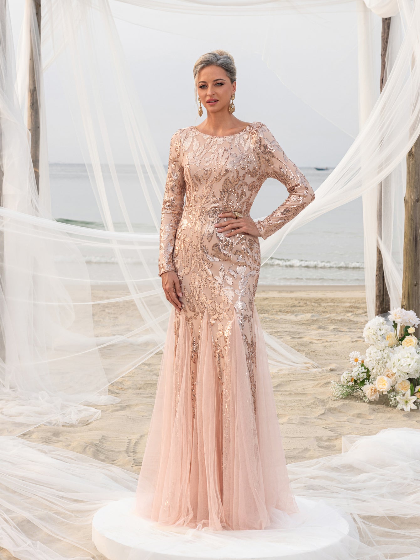 Damen-Formelles Kleid mit Netzeinsatz, Meerjungfrauensaum und Pailletten 