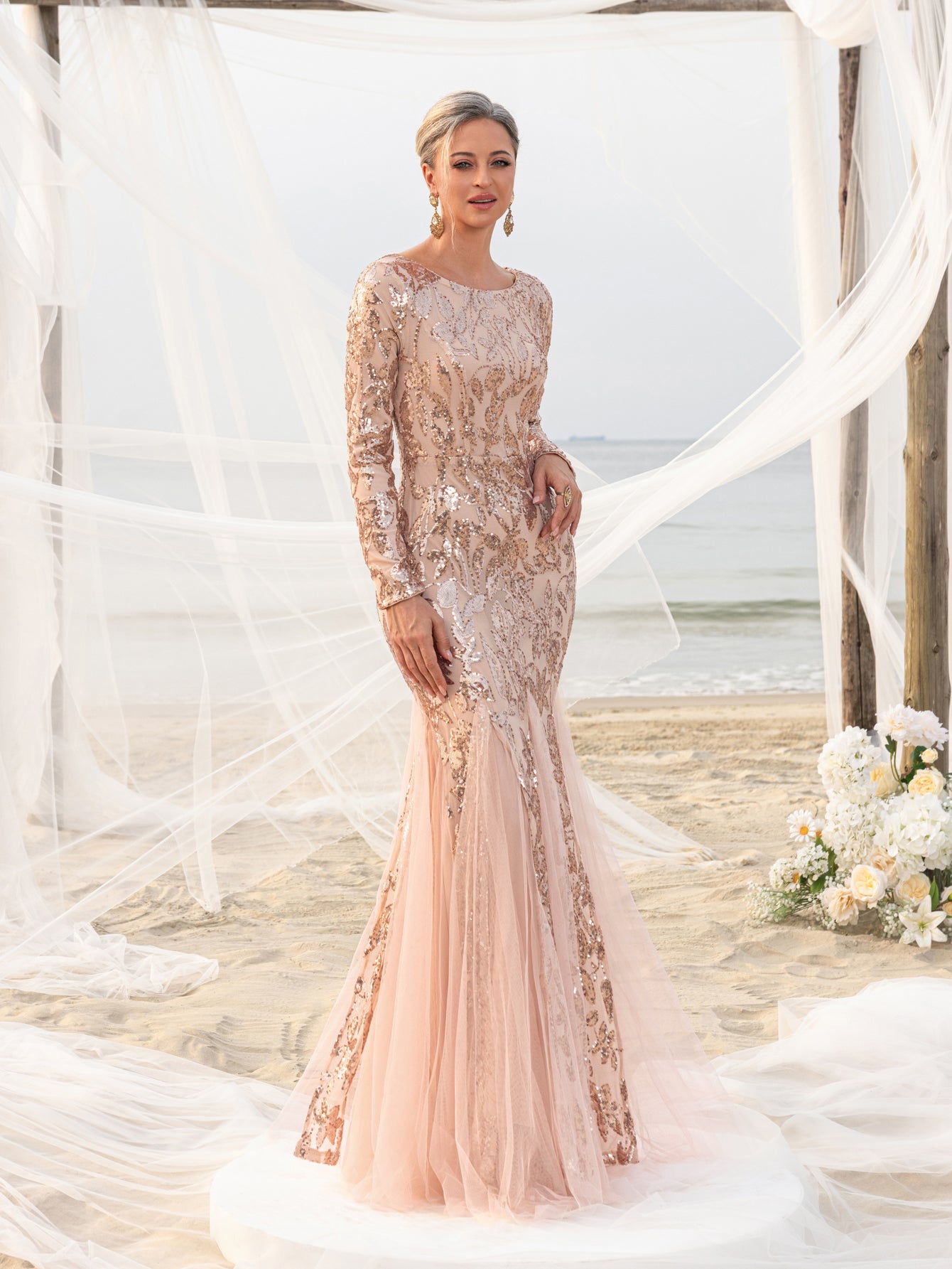 Damen-Formelles Kleid mit Netzeinsatz, Meerjungfrauensaum und Pailletten 