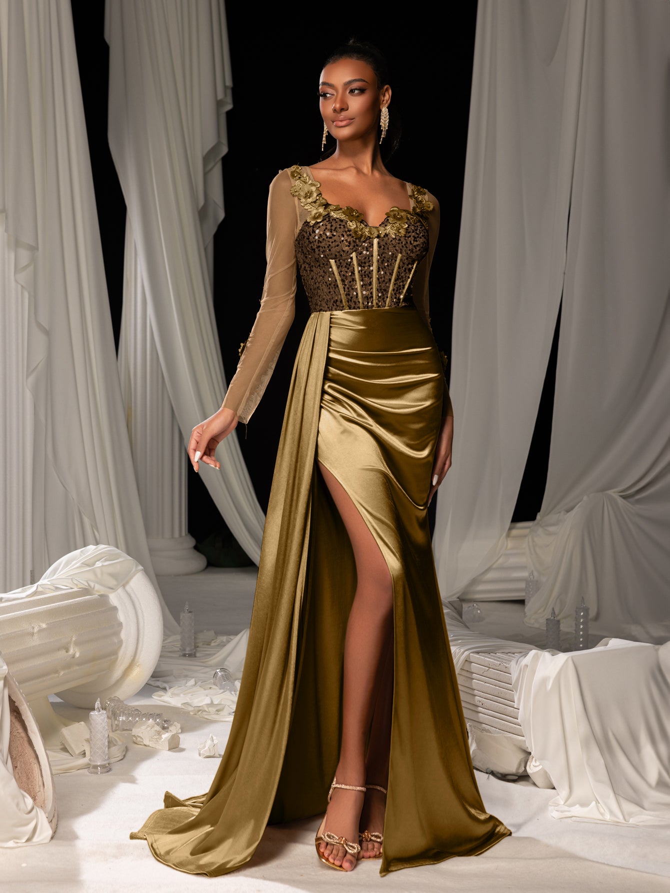 Elegant Sequin Bodice Sheer Sleeves Mermaid Hem Satin Evening Dress