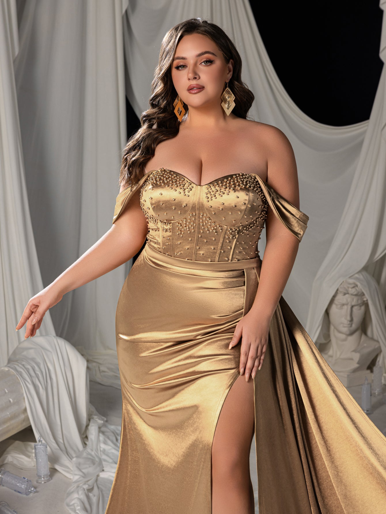 Plus Off Shoulder Beaded Satin Mermaid Gown with High Slit & Floor-Length Train