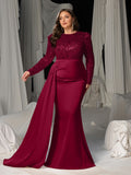 Plus Round Neck Long Sleeves Formal Evening Dress with Sequin Bodice and Satin Mermaid Skirt