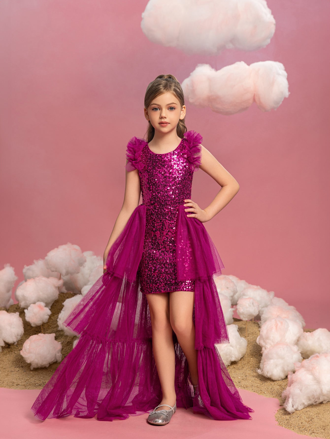 Tween Girls' Sleeveless Mesh Layered Hem Sequin Party Dress