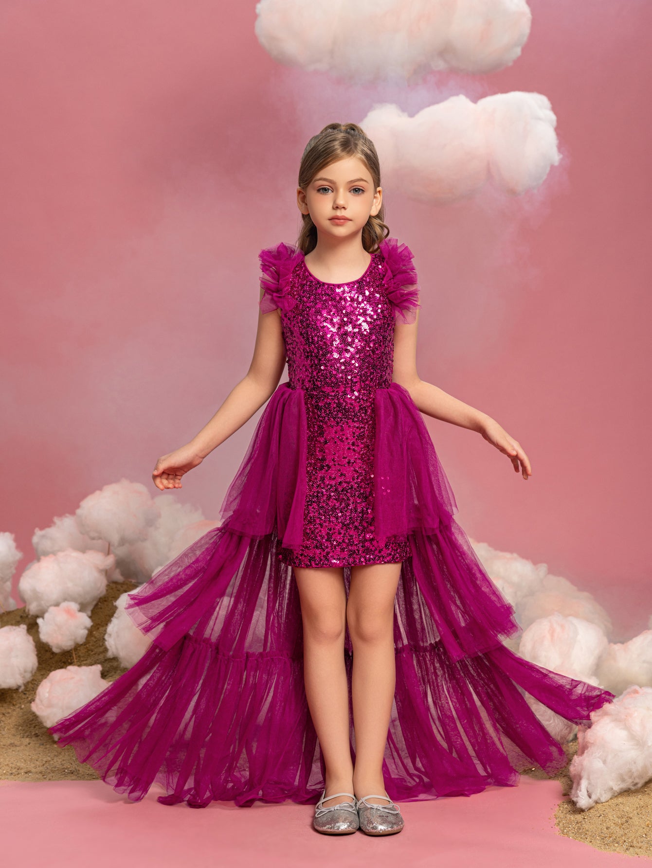 Tween Girls' Sleeveless Mesh Layered Hem Sequin Party Dress