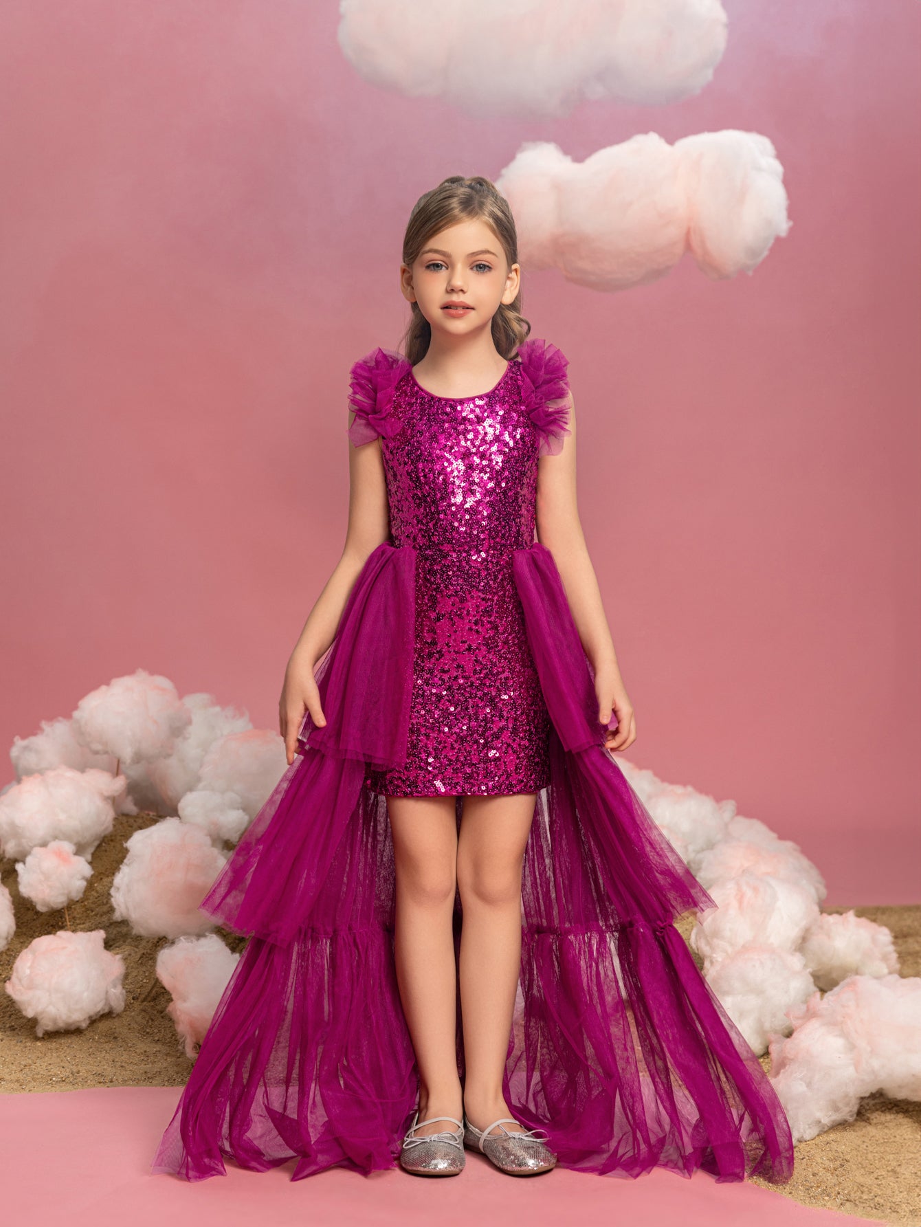 Tween Girls' Sleeveless Mesh Layered Hem Sequin Party Dress