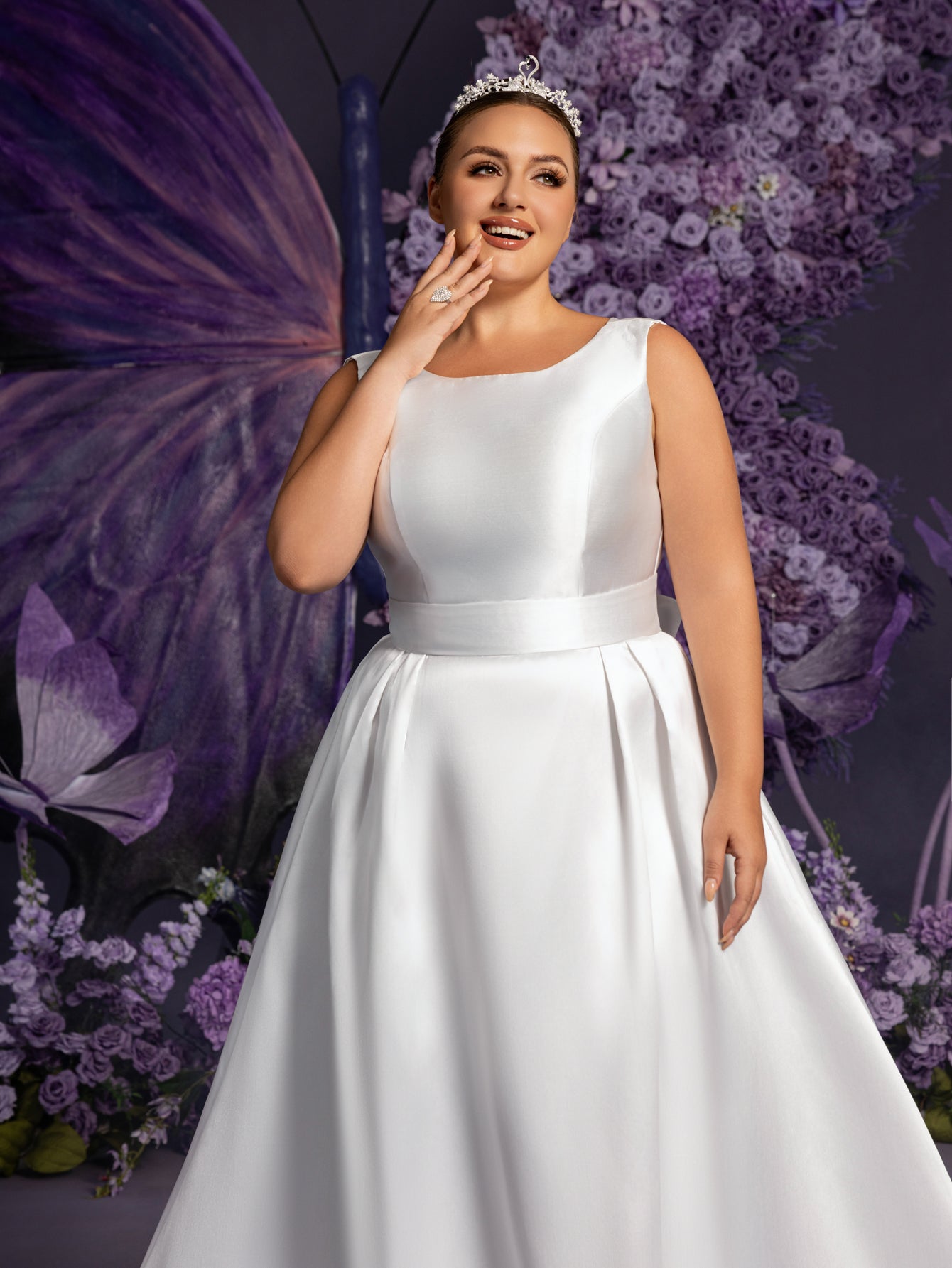 Plus Boat Neck Backless Satin A-line Wedding Dress