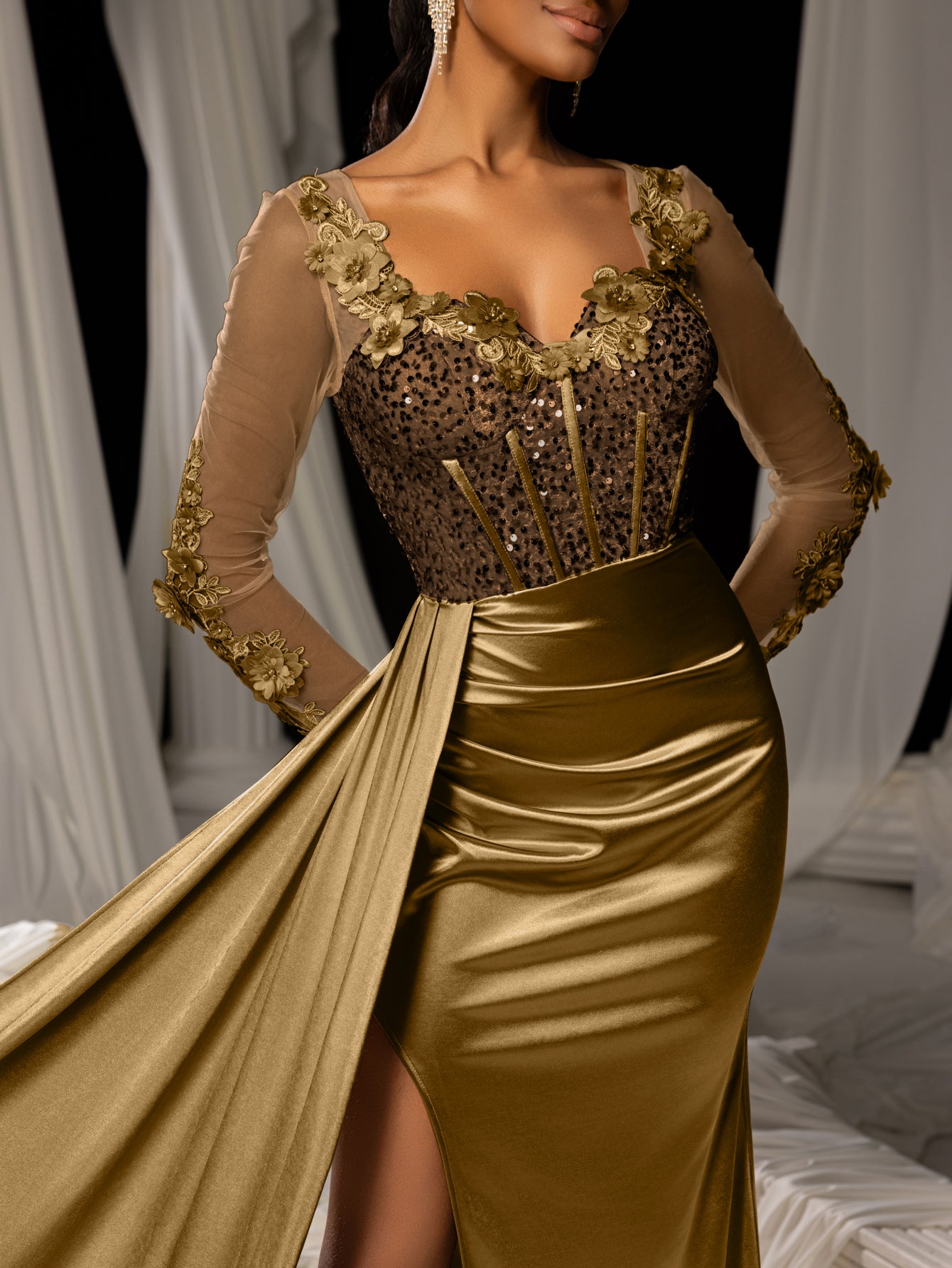 Elegant Sequin Bodice Sheer Sleeves Mermaid Hem Satin Evening Dress