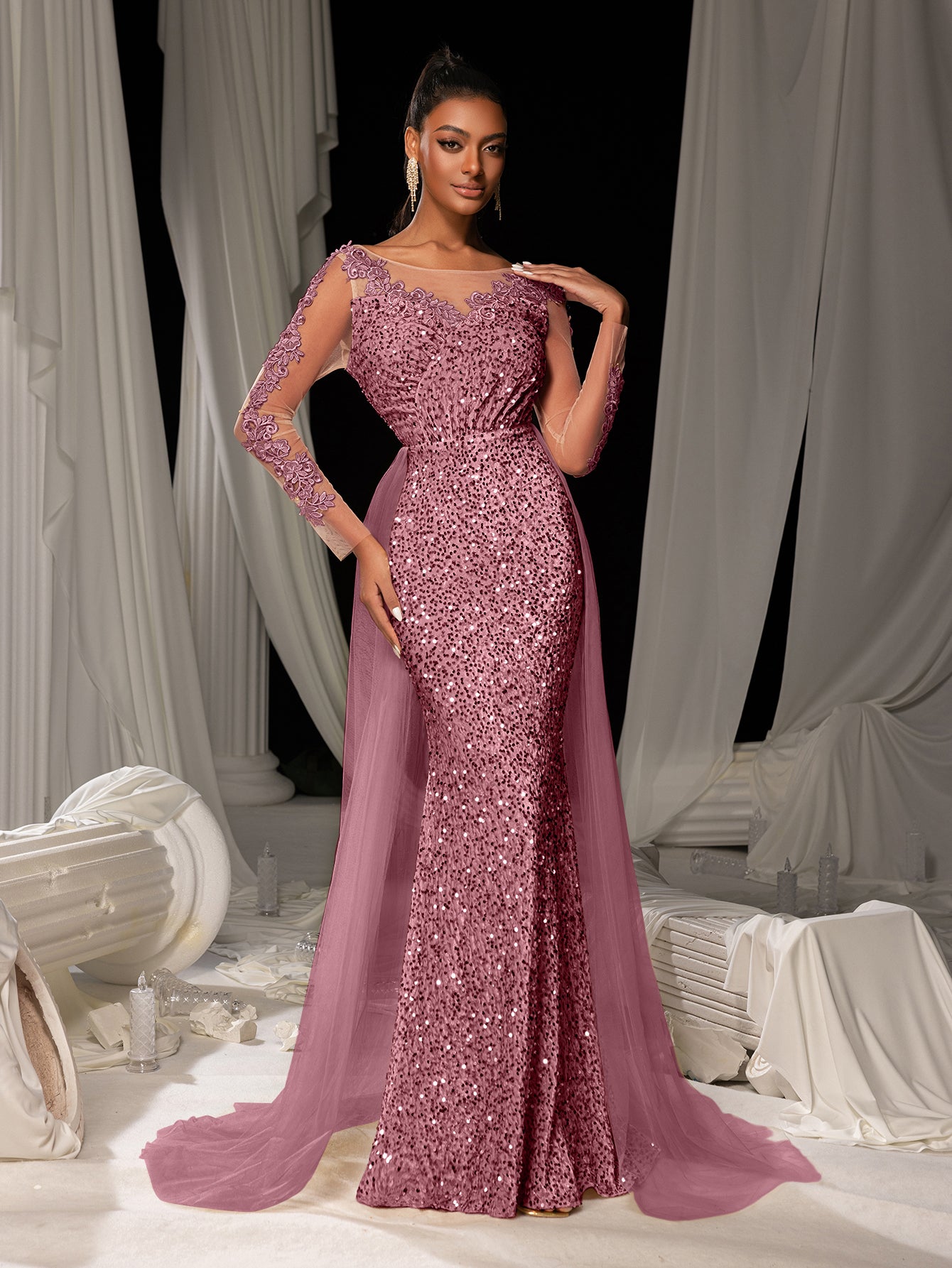 Elegant Sheer Sleeves Mesh Train Sequin Evening Dress