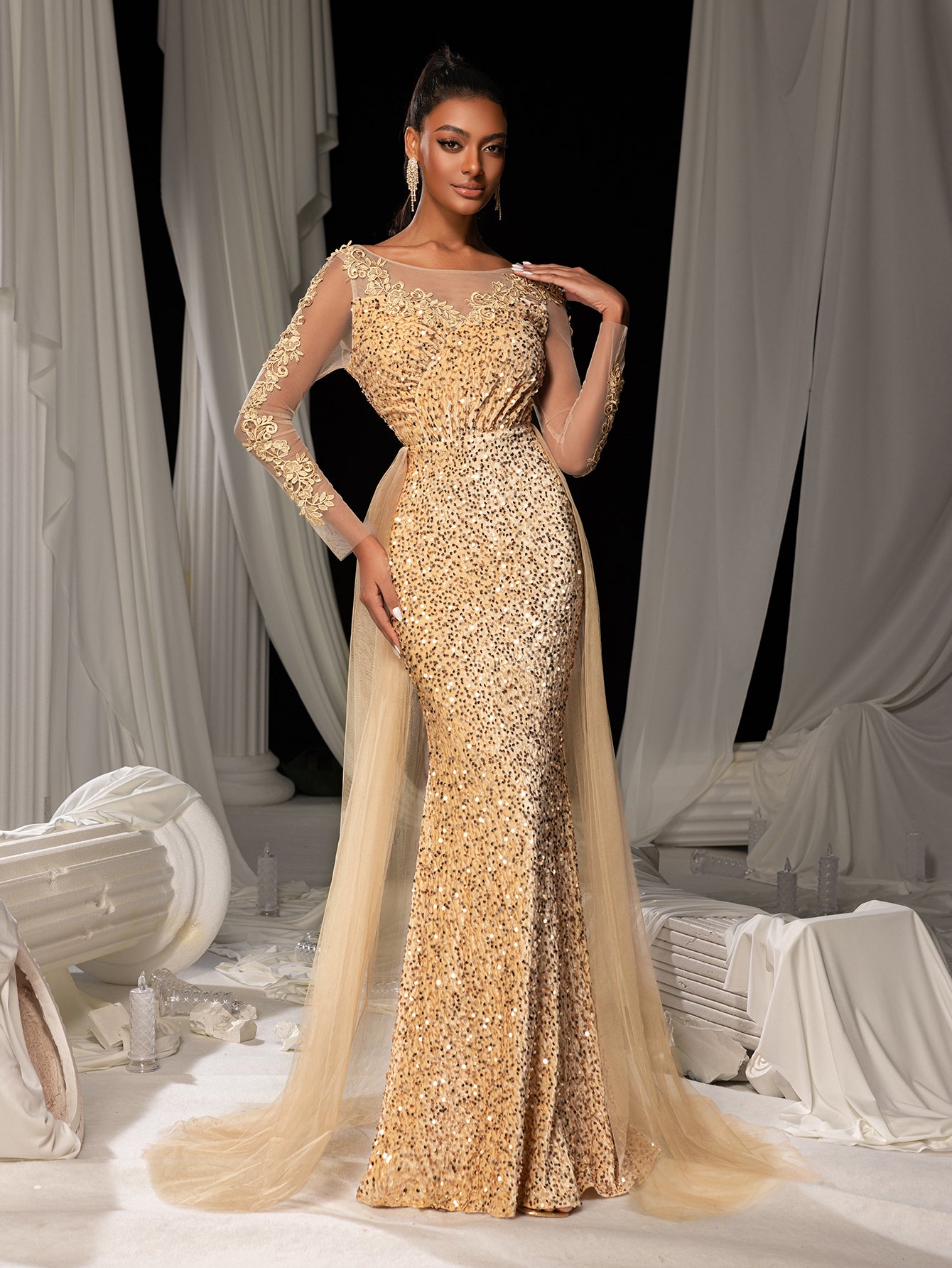 Elegant Sheer Sleeves Mesh Train Sequin Evening Dress