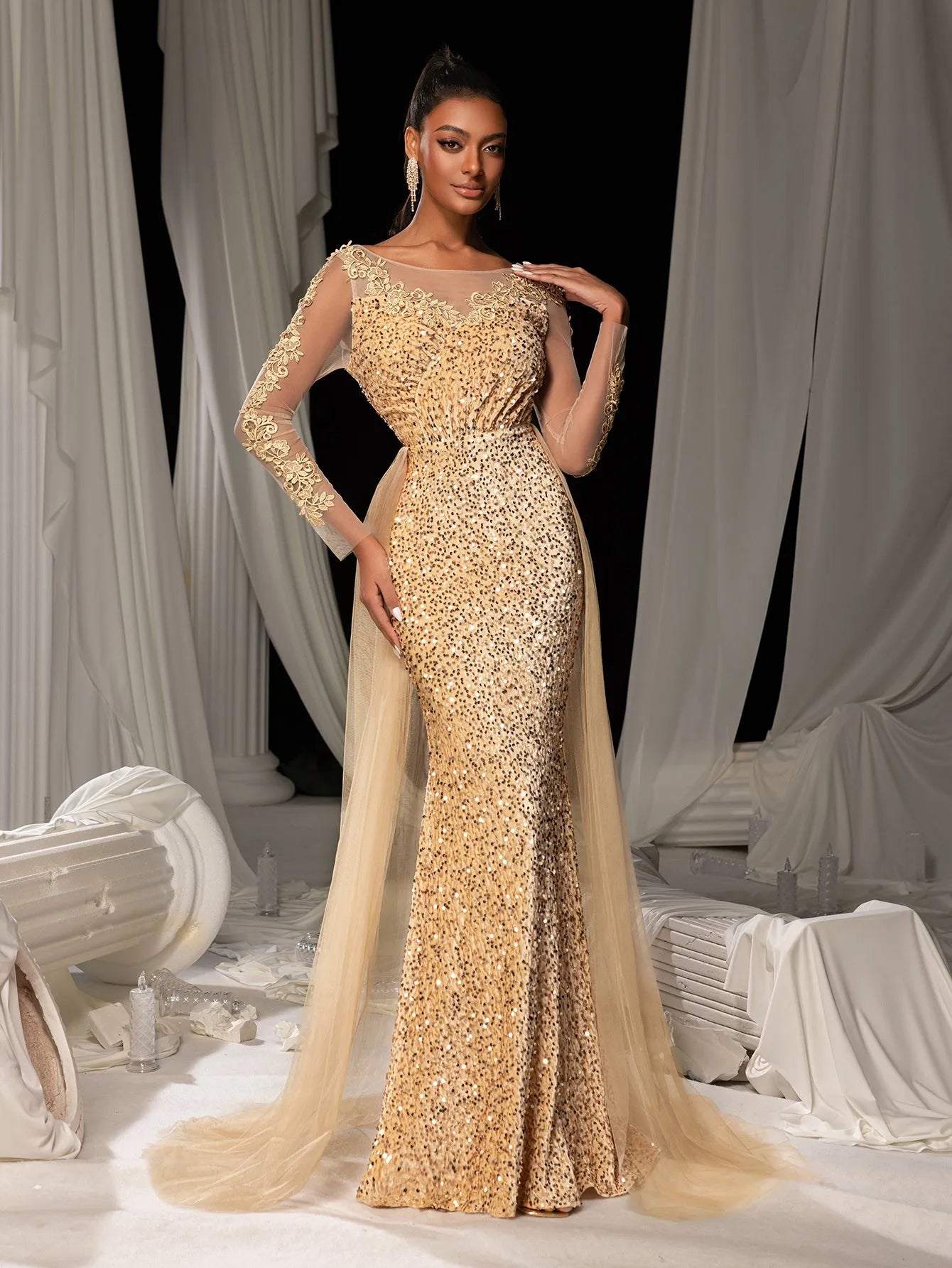 Elegant Sheer Sleeves Mesh Train Sequin Evening Dress Burgundy / L Elegant Sheer Sleeves Mesh Train Sequin Evening Dress Burgundy / L