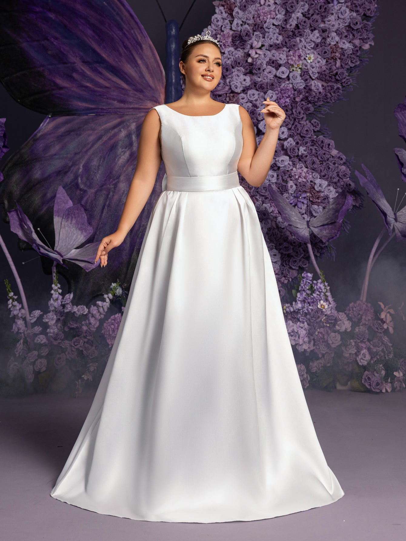 Plus Boat Neck Backless Satin A-line Wedding Dress