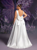 Plus Boat Neck Backless Satin A-line Wedding Dress