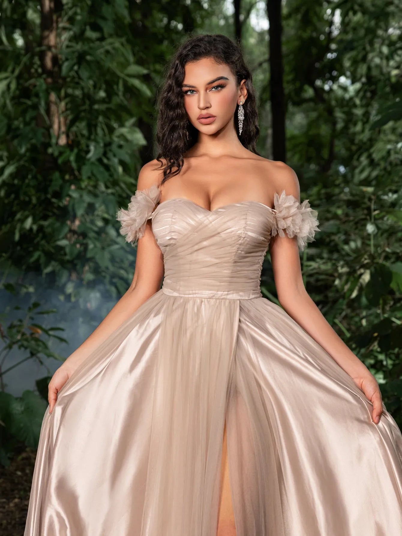 Elegant Off Shoulder Ruched Bust Split Thigh Tulle Prom Dress