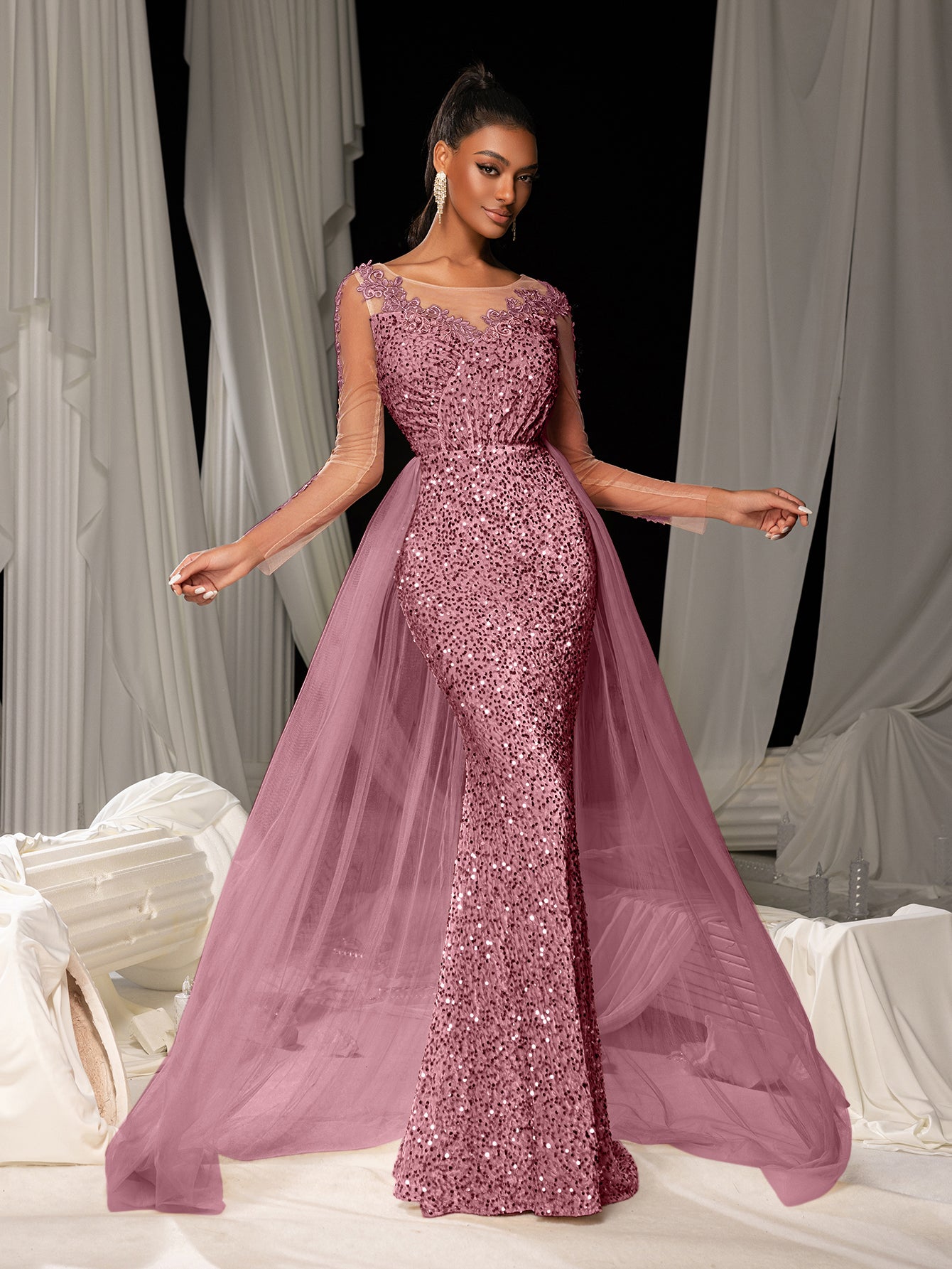 Elegant Sheer Sleeves Mesh Train Sequin Evening Dress