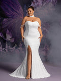 Plus Beaded Chain Detail Split Thigh Mermaid Hem Sequin Wedding Dress (Choker included)