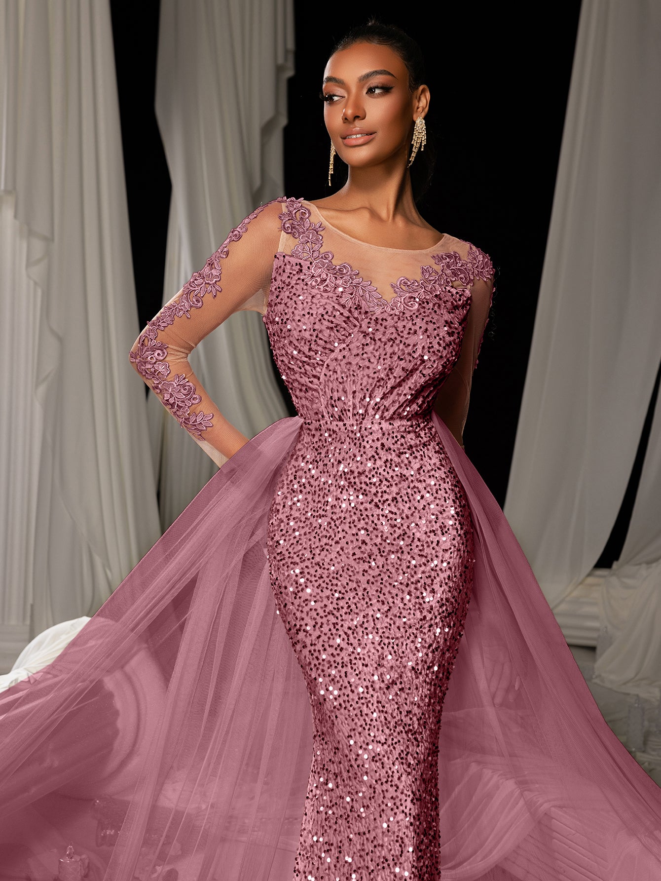 Elegant Sheer Sleeves Mesh Train Sequin Evening Dress