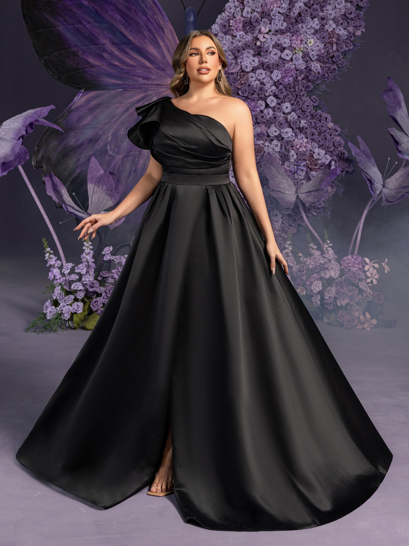 Plus-Size Dramatic Black Bridal Gowns: Asymmetrical One-Shoulder & Backless Satin Ball Dresses with Floor-Length Silhouette